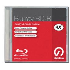 Shintaro BD-R Blu-ray 25GB 4X IJ single layer jewel case, wide inkjet printable surface. [MX-DX2GMP(A22)THK]
