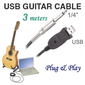 1/4 inch TRS Jack to USB Link Cable for Guitar / Bass / Keyboard,  Built-in Sound Card, PC / Mac compatible, 3 meters Shielded Cable