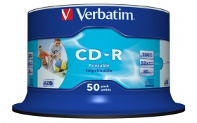 Verbatim CD-R 700MB 50PK WHITE INKJET 52X PRINTABLE SURFACE