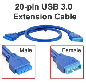 USB 3.0 20-pin Plug Male to 20-pin Female Cable Converter, 25cm