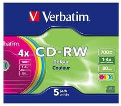 Verbatim CD-RW 700MB 5PK COLOUR SLIM CASE 2X-4X REWRITABLE