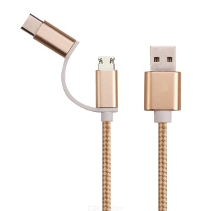USB Type A to Type C / micro USB combine Data Sync & Charging Cable, 1.0 meter Braided Nylon Gold Colour