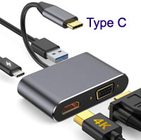 USB 3.1 Type C Output to 4K HDMI + VGA + USB A 3.0+ USB C PD, [YME-TY015], for Win PC / Mac OS / Mobile Phone