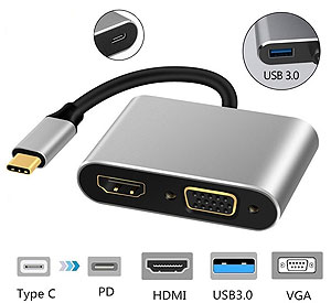 USB 3.1 Type C Output to 4K HDMI + VGA + USB A 3.0+ USB C PD, [YME-TY015], for Win PC / Mac OS / Mobile Phone