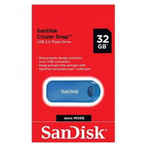 SanDisk Cruzer Snap USB Flash Drive, CZ62 32GB, USB2.0, Blue, Retractable Design, 5Y